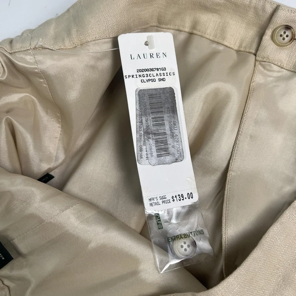 Lauren Ralph Lauren Pants Womens 14 W Beige Linen Pleated Lined Dress Pants